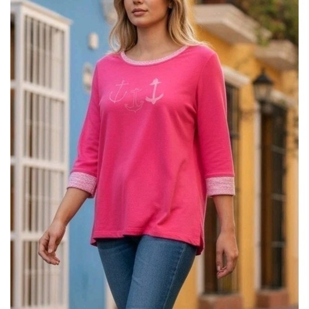 Fresh Produce Bright Pink Size Small Nautical Beach Resort Print Top USA